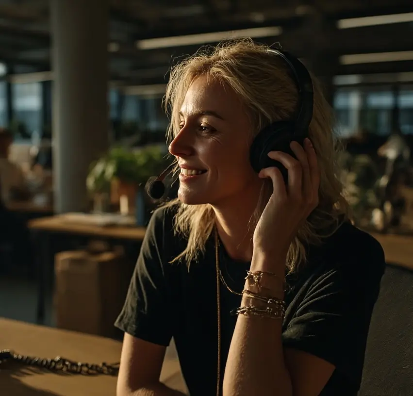 Une setteuse au casque, en appel
